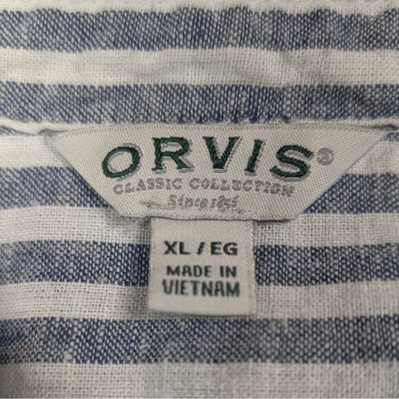 Orvis Linen Blend Womens XL Shirt Blue Striped Coastal Nautical Boat Beach - Picture 3 of 12